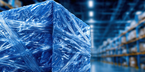 Pallet wrapped in blue stretch film for shipping