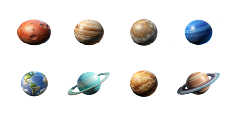 Collection of eight detailed solar system planets and celestial bodies rendered in 3d art on transparent background