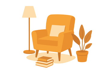 Cozy chair with lamp, books, and plant in a simple room setup during daytime