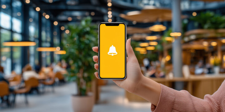 Hand holding smartphone with notification bell icon - Powered by Adobe
