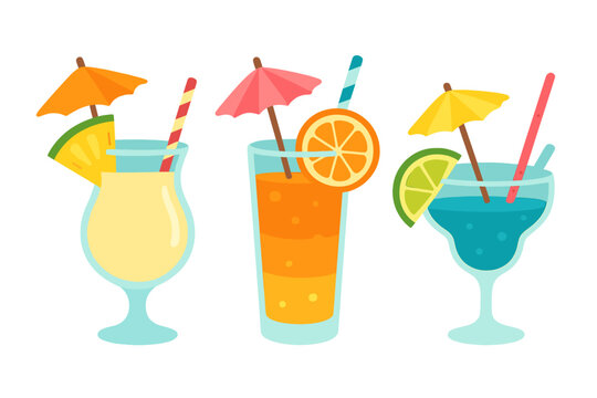Colorful drinks with garnishes and straws at a summer party scene in a tropical setting