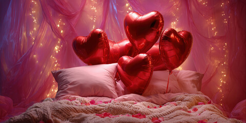 Romantic bedroom decorated with red heart balloons and rose petals