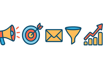 Marketing tools for business growth displayed in colorful icons showing communication and strategy