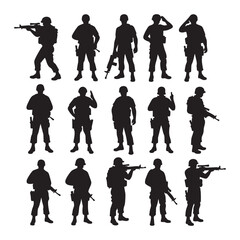Silhouette collection depicting various poses of soldiers and military personnel