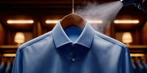 Steaming blue dress shirt for wrinkle removal and clothing care