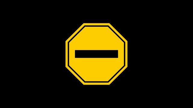 Professional yellow octagonal no entry sign animation on black background for security alerts warning notifications and cinematic legal disclaimer video openers and transitions.

