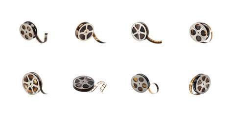 Collection of various vintage film reels featuring unspooling celluloid movie tape graphics on transparent background