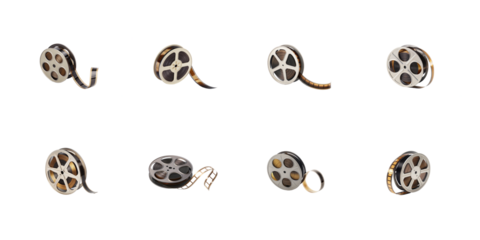 Collection of various vintage film reels featuring unspooling celluloid movie tape graphics on transparent background