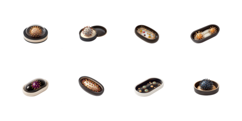 Collection of stylized virus particles resembling coronavirus displayed within various laboratory petri dishes and containers on transparent background