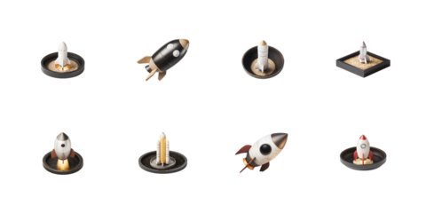 Collection of various stylized miniature rocket icons showcasing launch ignition ascent and ready positions on transparent background