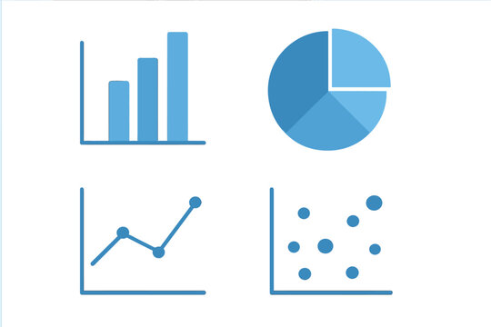 Visual representations of data including bar graphs, pie charts, and scatter plots in blue tones