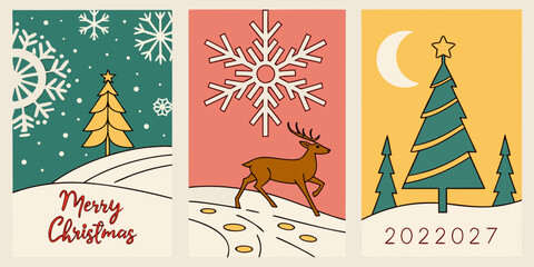 Christmas and new year vertical postcard set featuring festive evergreen trees reindeer and snowflakes in a flat minimalist holiday theme christmas postcard snowflake illustration © Designer Pac 2