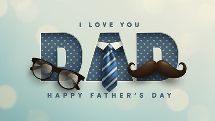 Happy Father's Day Card with Glasses Tie and Mustache Gift Idea Blue Background