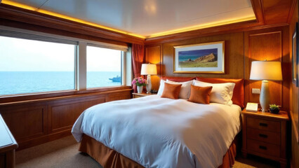 Luxurious cruise ship stateroom with a plush double bed, high-end furnishings, and elegant decor. Sophisticated cabin interior designed for premium ocean travel comfort
