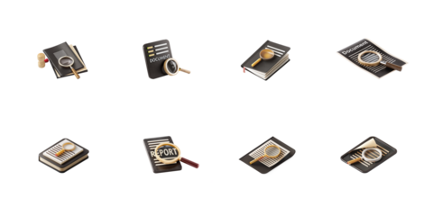 A collection of eight distinct 3d icons representing document examination financial audit and detailed analysis on transparent background