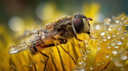 A fly on a flower with water droplets