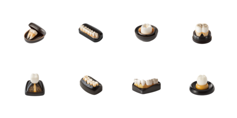 Collection of detailed dental prosthetics models and tooth restoration examples displayed against a dark setting on transparent background. on transparent background
