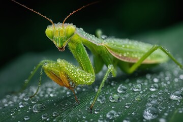 A green grasshopper on a leaf with water droplets