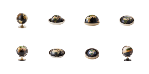 Collection of diverse miniature globes and earth models showcasing different artistic representations and compositions on transparent background