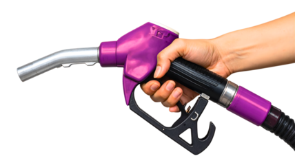 Hand Holding a Pink Gas Pump Nozzle, isolated on transparent background
