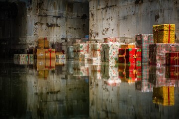 Piled gifts sit in a flooded room with reflections on the water during the evening
