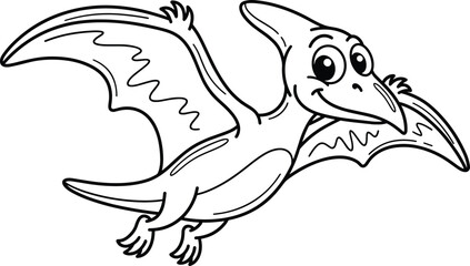 PrintCute cartoon pterodactyl flying dinosaur vector line art with friendly smile and spread wings for kids coloring book and prehistoric design © MstMahannahara