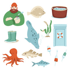 Ocean coastal life vector set. Sticker collection with fisherman elements, nautical equipment, and maritime lifestyle details.