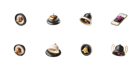 Collection of various 3d notification bell icons representing alerts reminders and essential communication tools on transparent background
