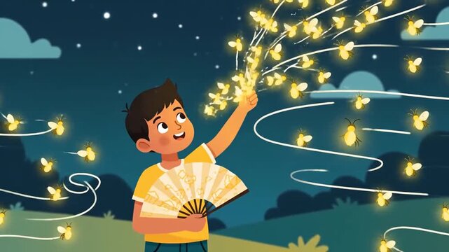 Boy With Fireflies During A Night Walk In A Cartoon Style Digital Animation