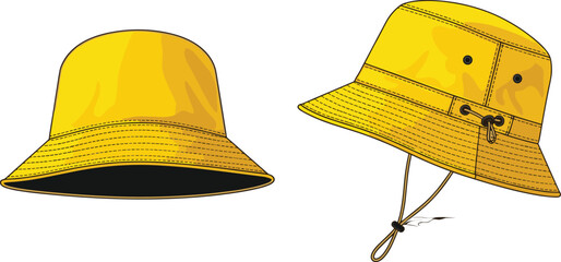 Two yellow bucket hats shown from different angles on a white background headwear © Creatives Mind