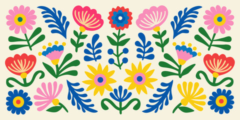 Colorful folk art floral pattern with stylized blooms and leaves