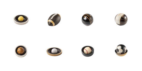 Collection of miniature stylized sports balls including tennis football bowling volleyball basketball golf baseball and soccer objects on transparent background