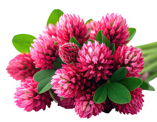 Close-up studio shot of a vibrant bouquet of showy, pink clover blossoms with green foliage