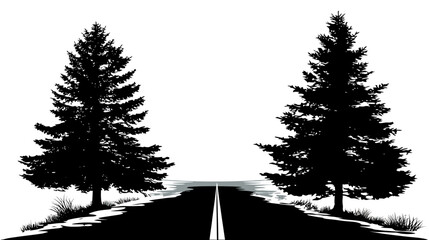 Black and white silhouette of a straight road with tall coniferous trees on either side, symbolizing journey, nature, and travel.