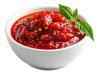 Close-up of a vibrant, spicy red condiment in a white bowl, garnished with fresh basil