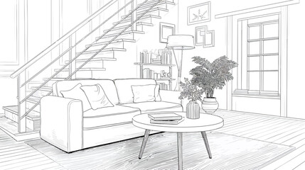 Modern Living Room Interior Sketch with Sofa and Coffee Table. Detailed Line Art Drawing of Contemporary Home Design and Decor.