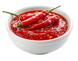 Close-up of a white bowl filled with spicy red chili sauce and three peppers