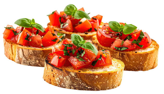 Three bruschetta toasts topped with tomato and basil on black background