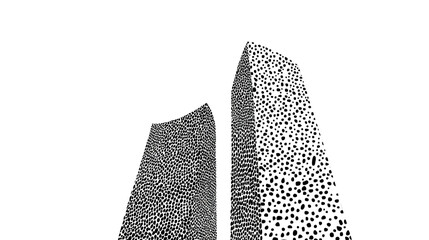 Minimalist black and white architectural illustration featuring two tall, modern, curved skyscrapers with textured facades against a white background.