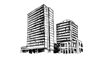 Monochrome hand-drawn sketch of generic modern urban high-rise buildings and architecture. Cityscape illustration, office towers.