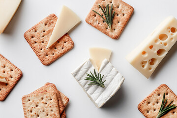 crackers and cheese decorated with edible flowers and herbs arranged in a grid layout on a white isolated background