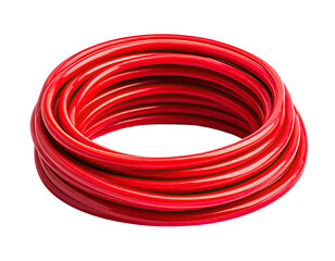 Coiled bundle of vibrant red flexible tubing against a stark black backdrop