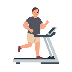 Overweight Man Running on Treadmill. Flat vector illustration isolated on white background