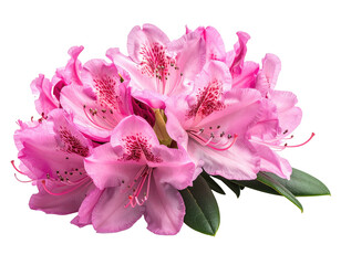 Close-up of a vibrant pink Rhododendron flower cluster, showing intricate petal details and foliage