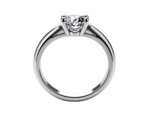 A close-up view of a platinum or white gold engagement ring with a round, sparkling diamond