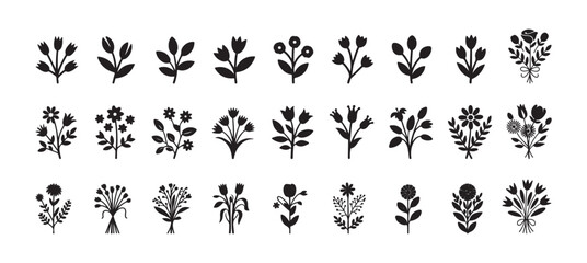 Obraz premium Flower elements set. Black color flower shape icon, Flowers line icons, Flourish branch, laurel flower for border, divider design element. vector illustration eps 10