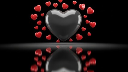 Black heart surrounded by red hearts on black background