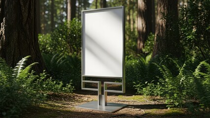 Blank billboard in forest with trees and greenery