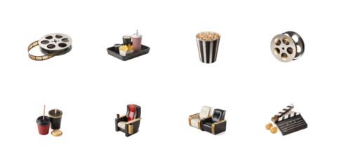 Collection of realistic 3d illustrated cinema icons featuring movie snacks seating and film equipment on transparent background