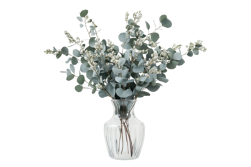 Australian Native Eucalyptus Bouquet in Clear Glass Vase Isolated on Transparent Background Elegant Floral Decor